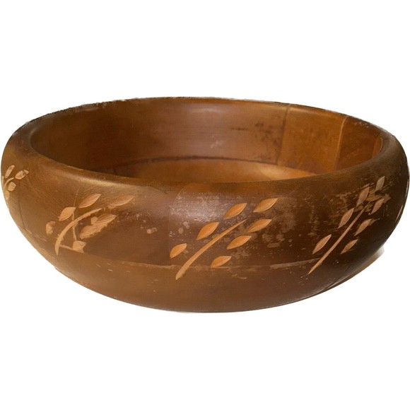 Rare Carved Wheat Motif Mid Century Baribocraft Wood Serving Bowl Salad Fruit - Picture 2 of 8